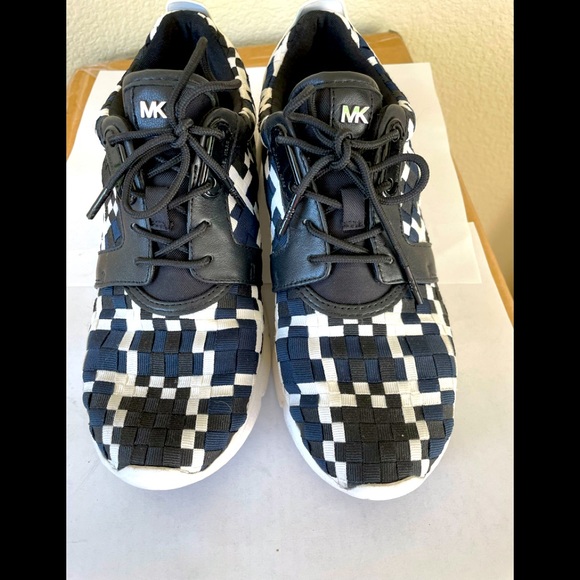 Michael kors leather and fabric blue white grid sneakers size 6.5 - Picture 1 of 9